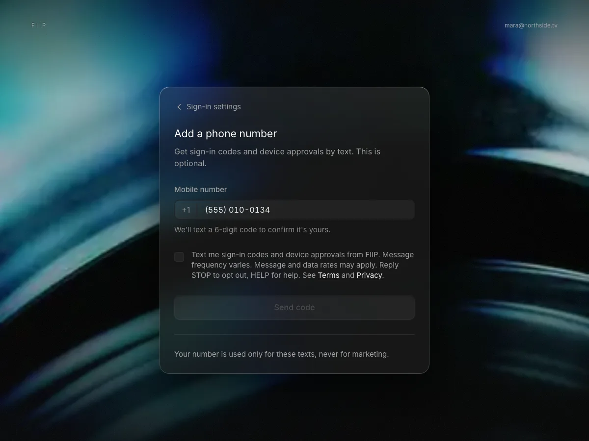 The FIIP Add a phone number screen: a mobile number field, an unticked consent box that reads Text me sign-in codes and device approvals from FIIP, and a Send code button.